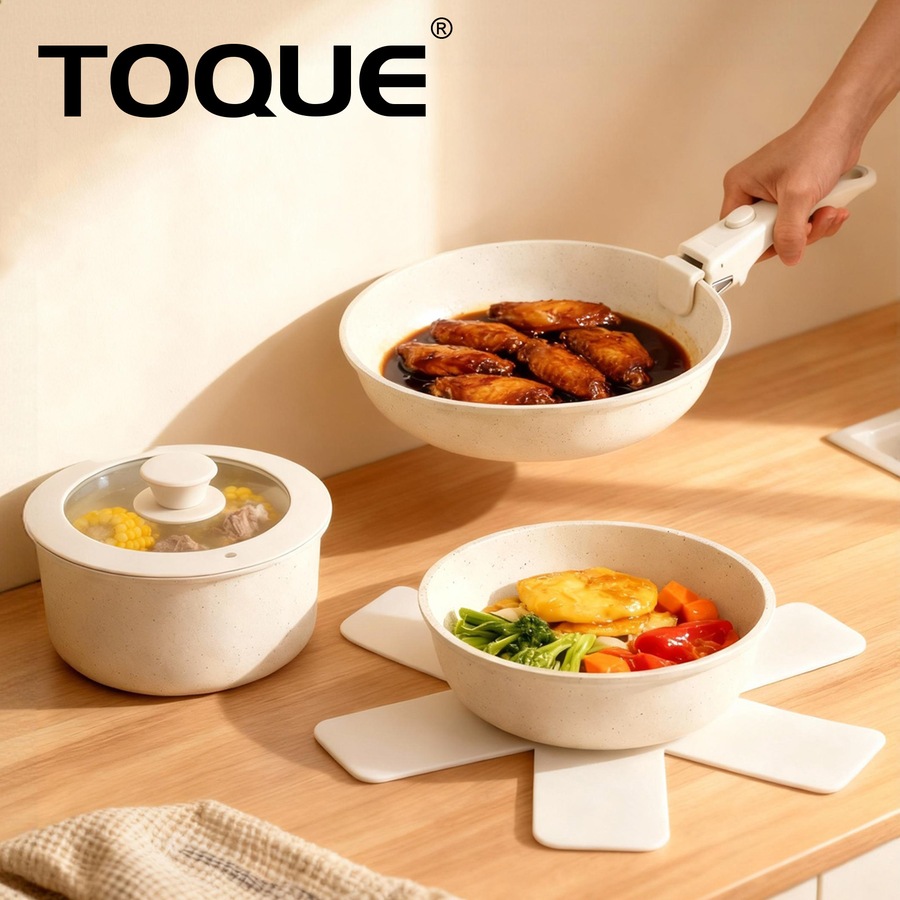 Toque 9-Piece Non Stick Cookware Set Kitchen Stackable Pots Fry Pan White
