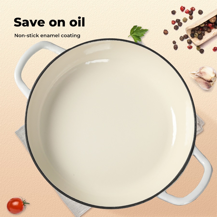 Toque Enamel Dutch Oven 4L Cast Iron Pan Casserole Pot Slow Cook with Lid White