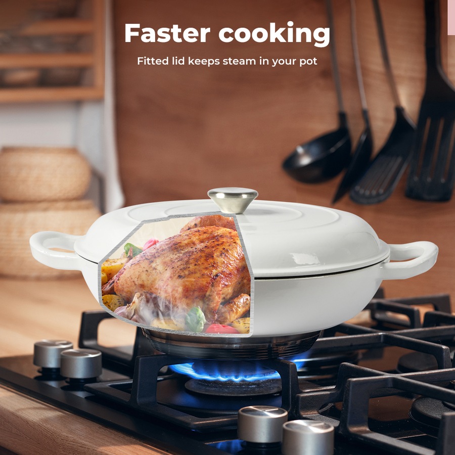 Toque Enamel Dutch Oven 4L Cast Iron Pan Casserole Pot Slow Cook with Lid White