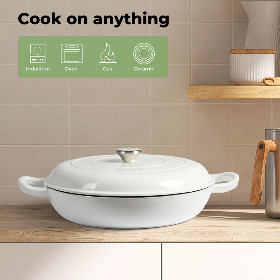 Toque Enamel Dutch Oven 4L Cast Iron Pan Casserole Pot Slow Cook with Lid White