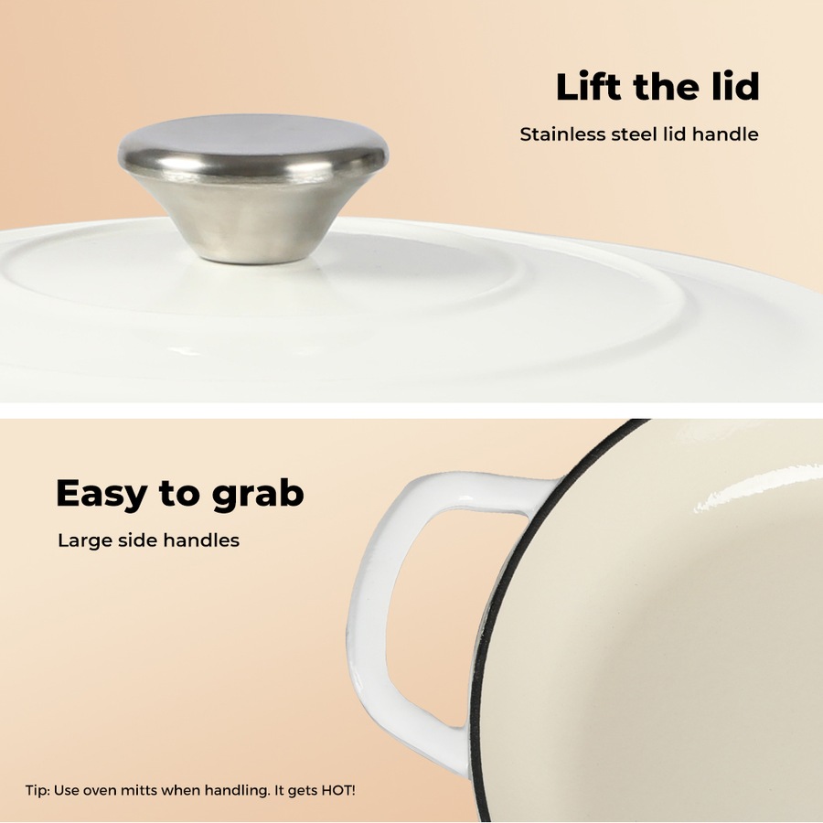 Toque Enamel Dutch Oven 4L Cast Iron Pan Casserole Pot Slow Cook with Lid White