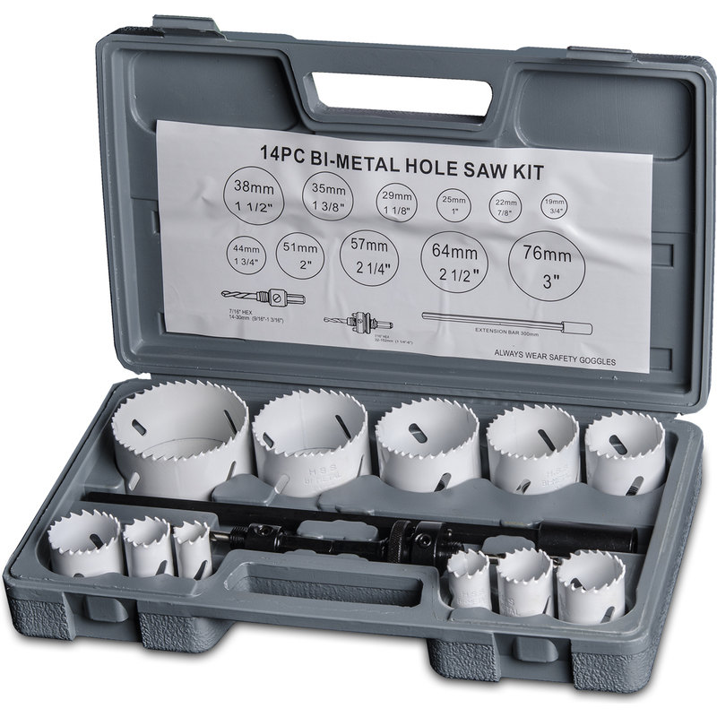 14pc High Speed Steel Bi-Metal Hole Saw Kit 19-76mm