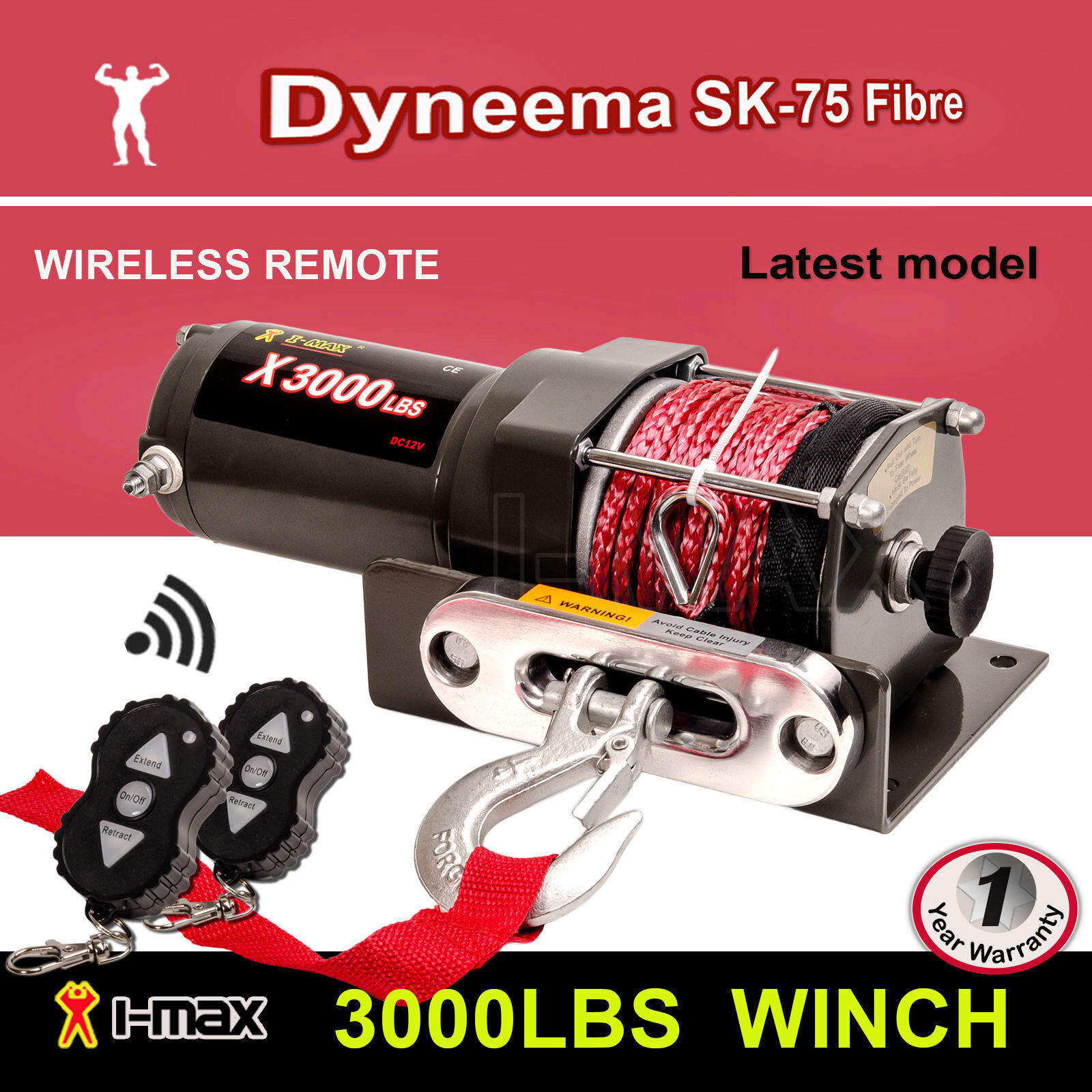 I Max Electric Winch 12V Wireless 3000LBS / 1361KGS Synthetic Red Rope ATV