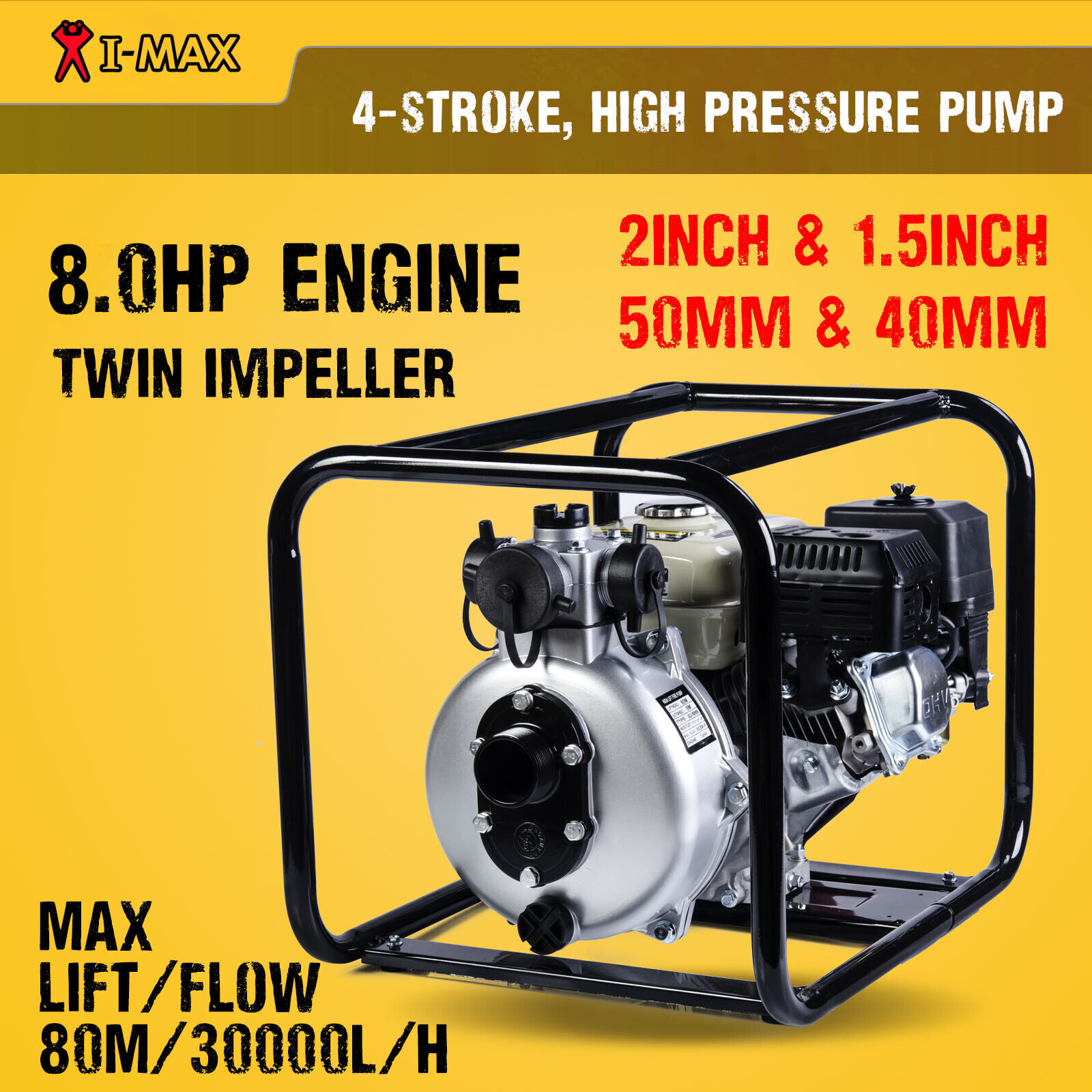TDKMAN Twin Impellers 2 Inch 2" Petrol High Pressure Water Pump Transfer Fire
