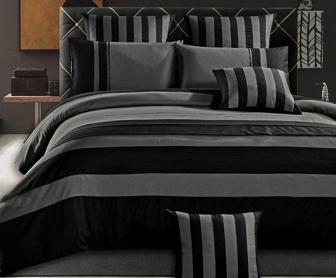 Berto Black Grey 3pcs Striped Quilt Cover Set /optionals( Double/ Queen / King / Super King /other options)