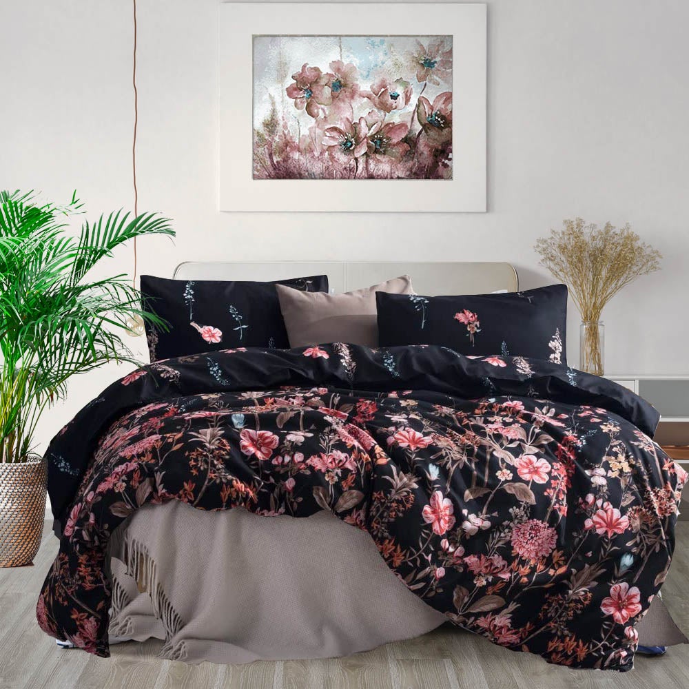 Black Red Floral Quilt Cover Doona Cover Set ( Super King / King / Queen / Double / Single )