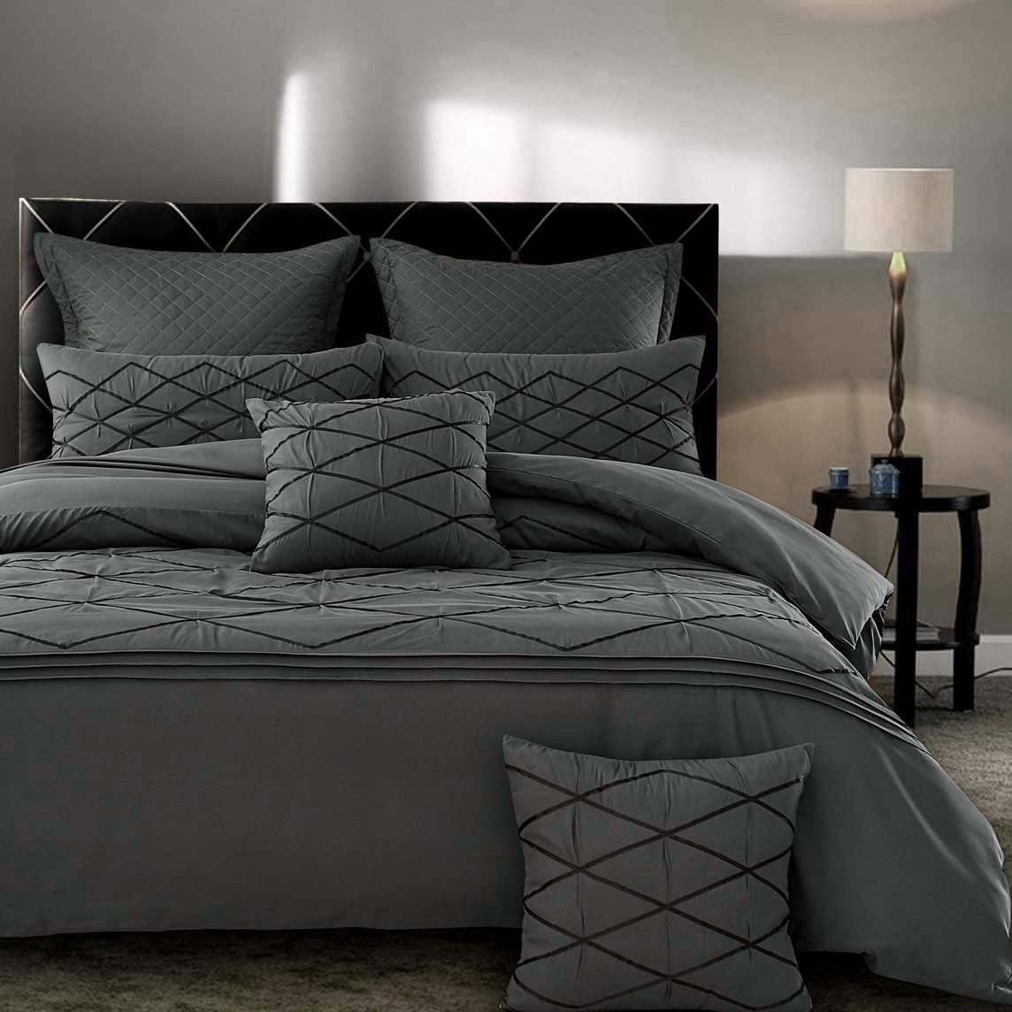 Luxton Embroidery 3pcs Alden Grey Quilt Cover Set ( Queen / King / Super King / Options)