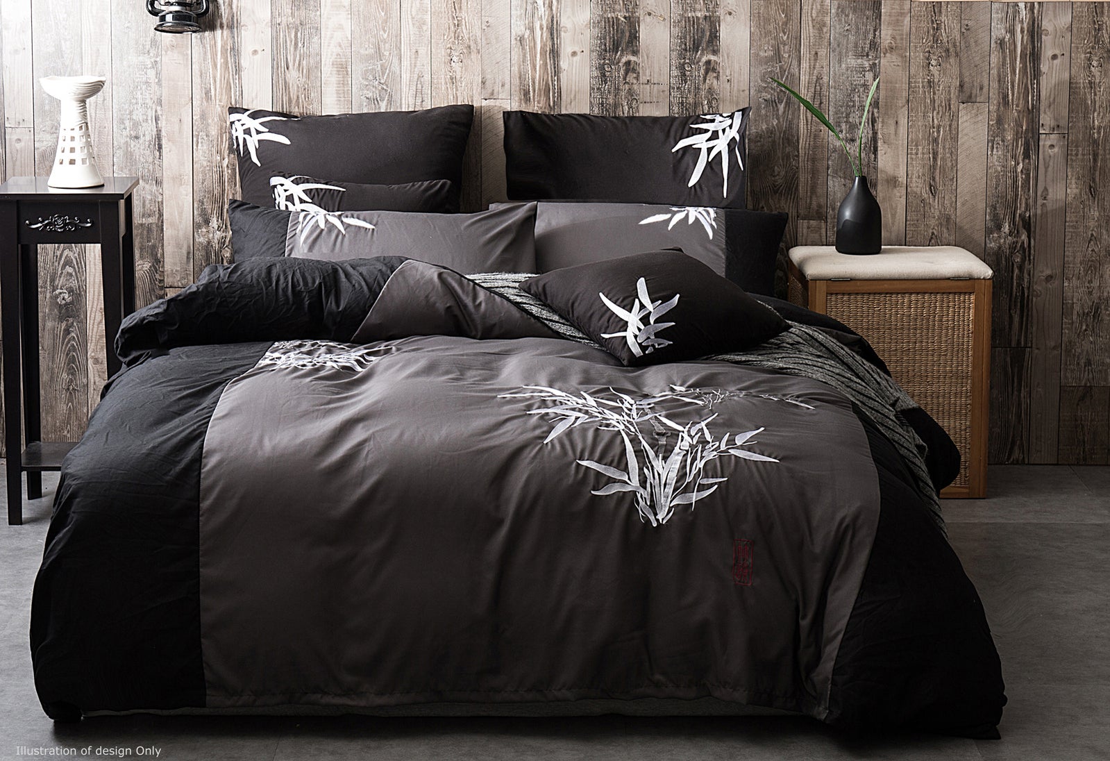 Embroidery Bamboo Black and Grey 3pcs Quilt Cover Set (Queen / King / Super King Options)