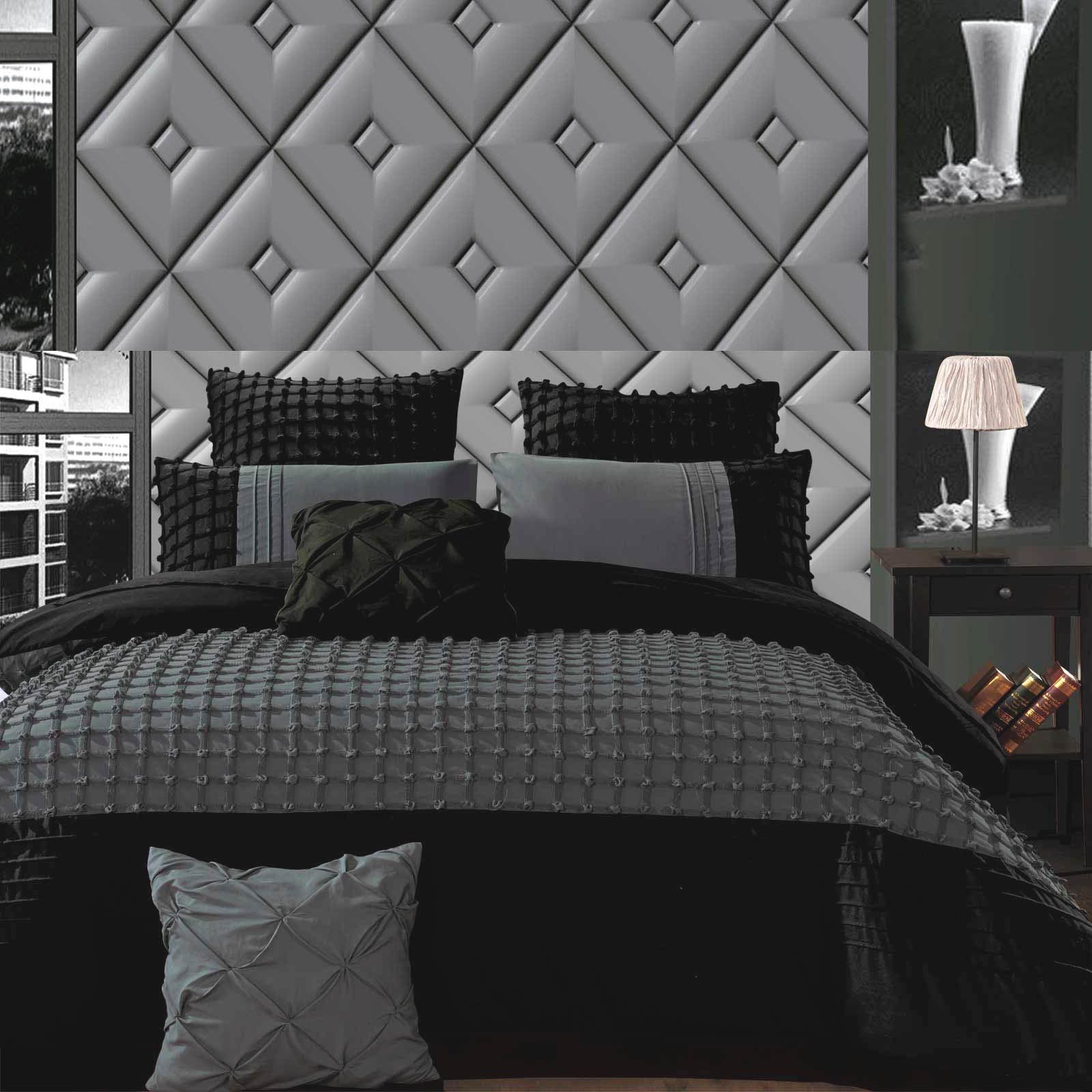Embroidery Lattice Black Grey Quilt Cover Set /optionals ( Queen / King / Super King / Double /Options )