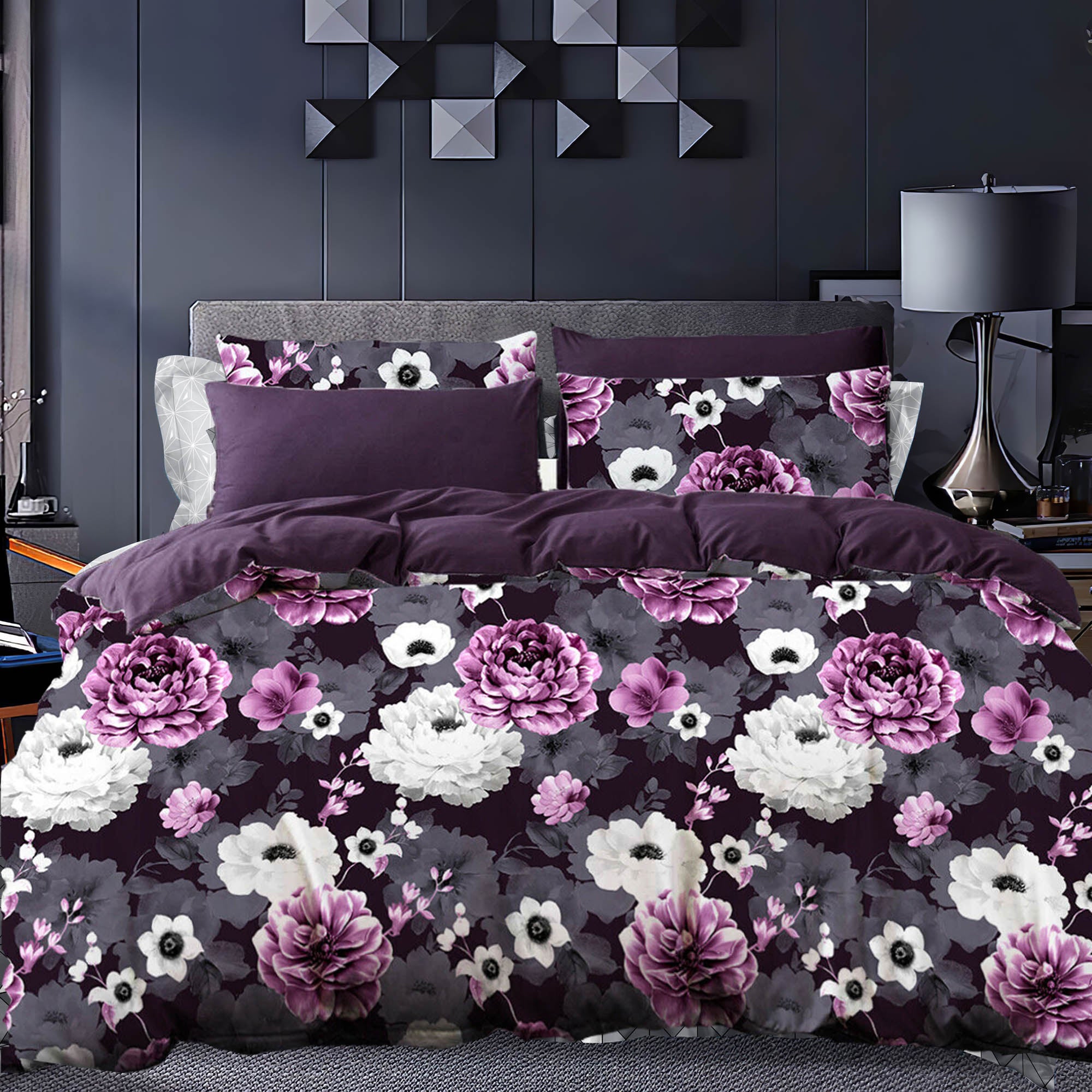 Garden Floral Quilt Cover Set Grey Purple Plum ( Queen / King / Double / King Single / Single size)
