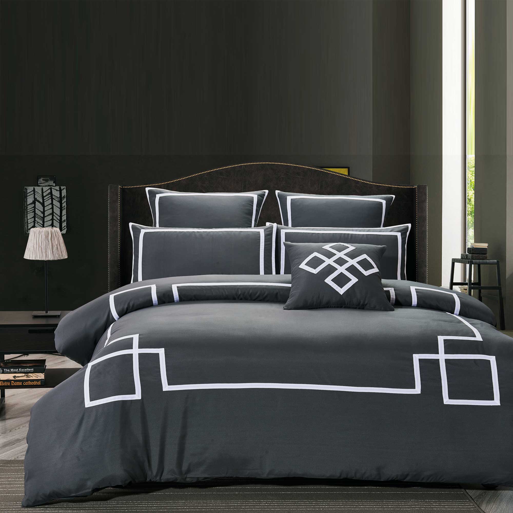 Luxton Embroidered Border Hotel Grey Quilt Cover Set /optionals( Queen / King / Super King / Double /options)