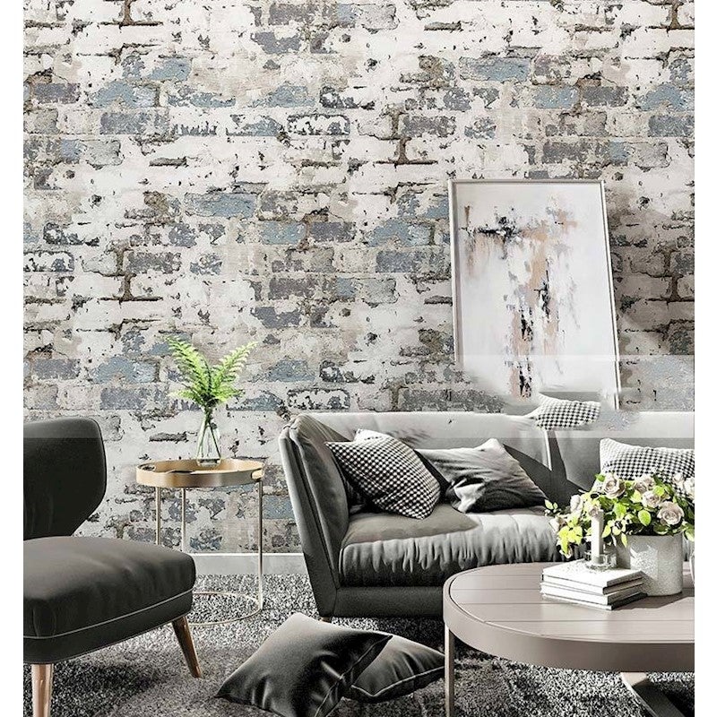 Havana Bluish Grey Brick Wallpaper 3D Effect Washed Stone Brick Wallpaper Roll