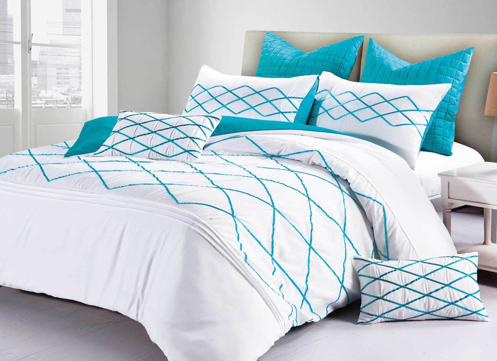 Luxton White Turquoise Blue 3pcs Adela Quilt Cover Set /Options( Queen / King / Super King / Optionals)