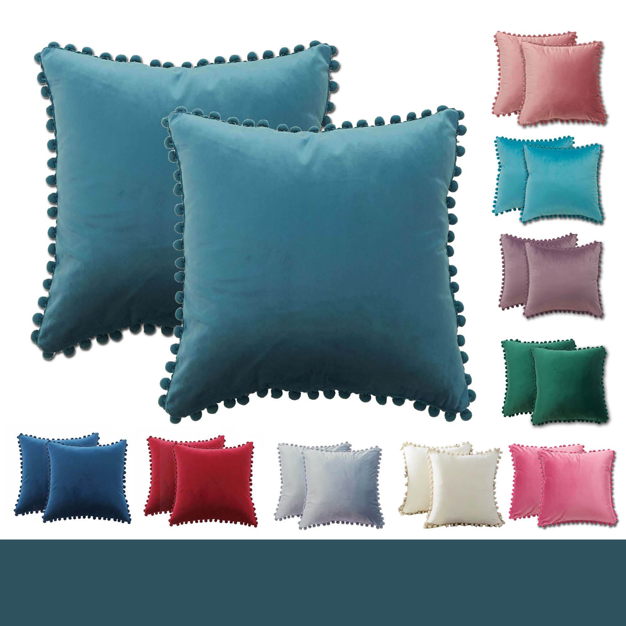 Soft Velvet Pom Pom Cushion Covers 2PCS Pack Ball Fringe Decoration Turquoise / Blue / Pink / Red / White / Green / Purple (45x45cm)