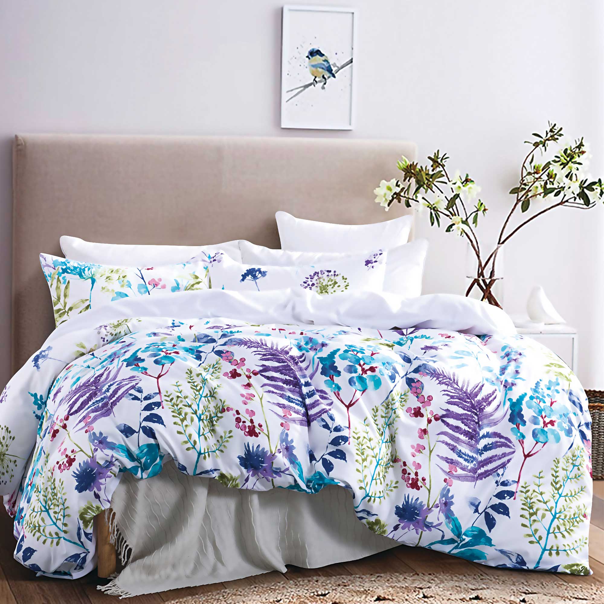 Turquoise Blue Purple Botanical Flower Leaf Quilt Cover Set /optionals( Queen / King / Super King / Double / Single / Extra Pillowcase options)