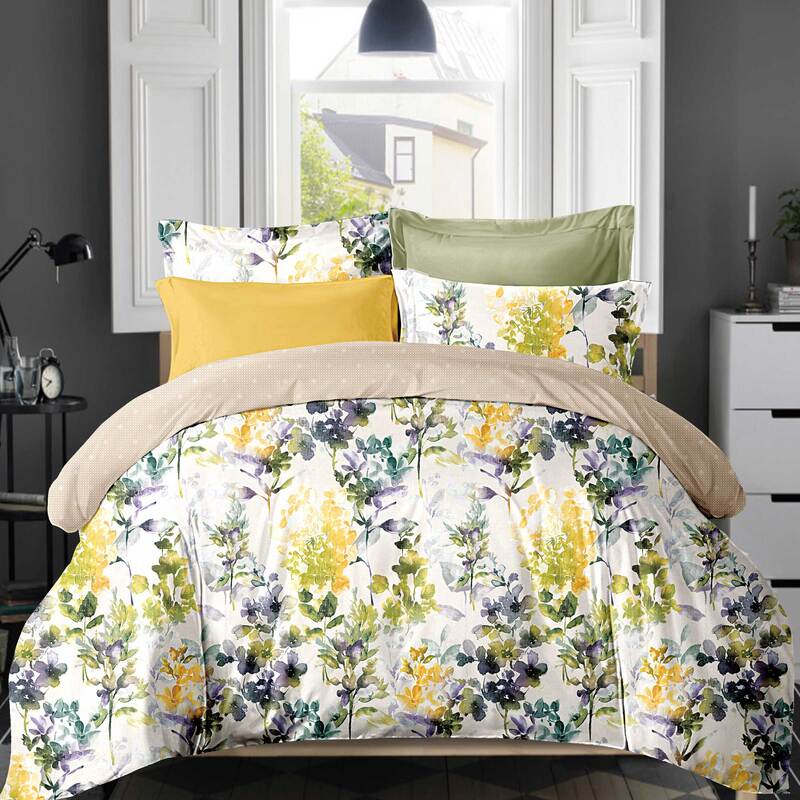 Yellow Sage Purple Smoke Grey Leaf Floral Quilt Cover Set ( Queen / King / Super King / Double size)