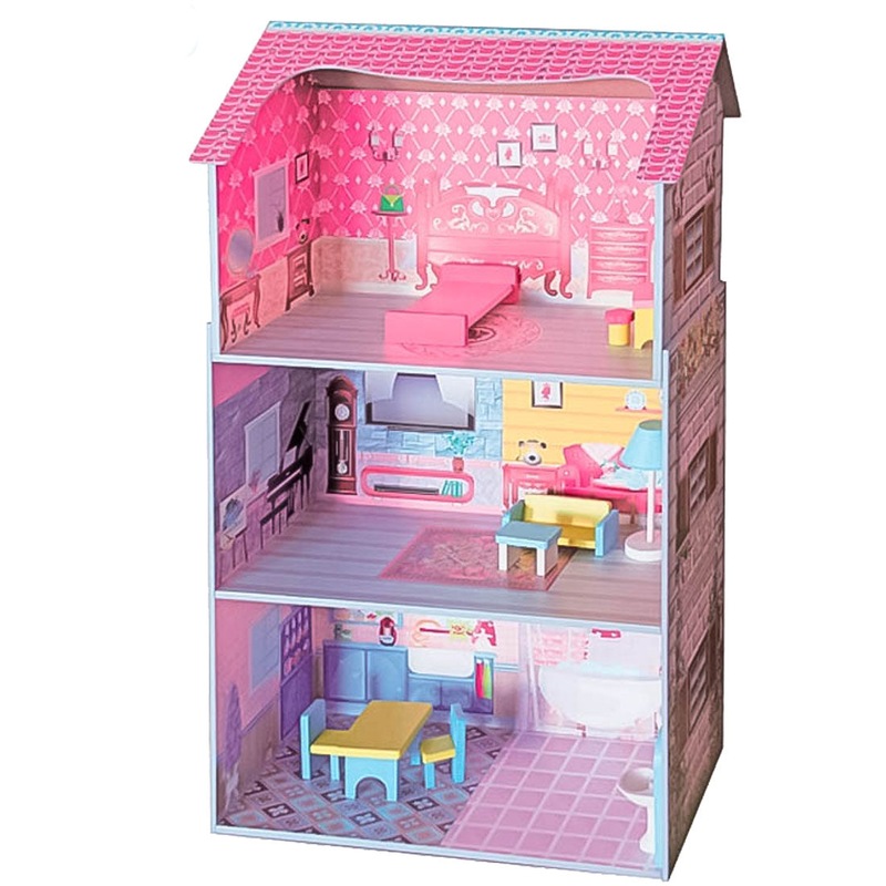 Large Wooden Dolls Doll House 3 Level Kids Pretend Play Toys Full ...