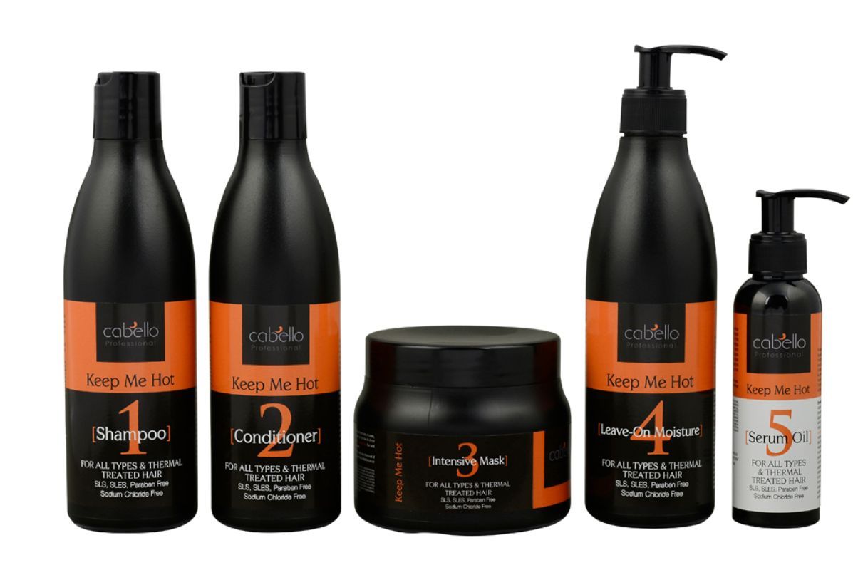 5 x Cabello Complete Treatment Keep Me Hot Shampoo + Conditioner + Mask + Leave-On Moisture + Serum Oil