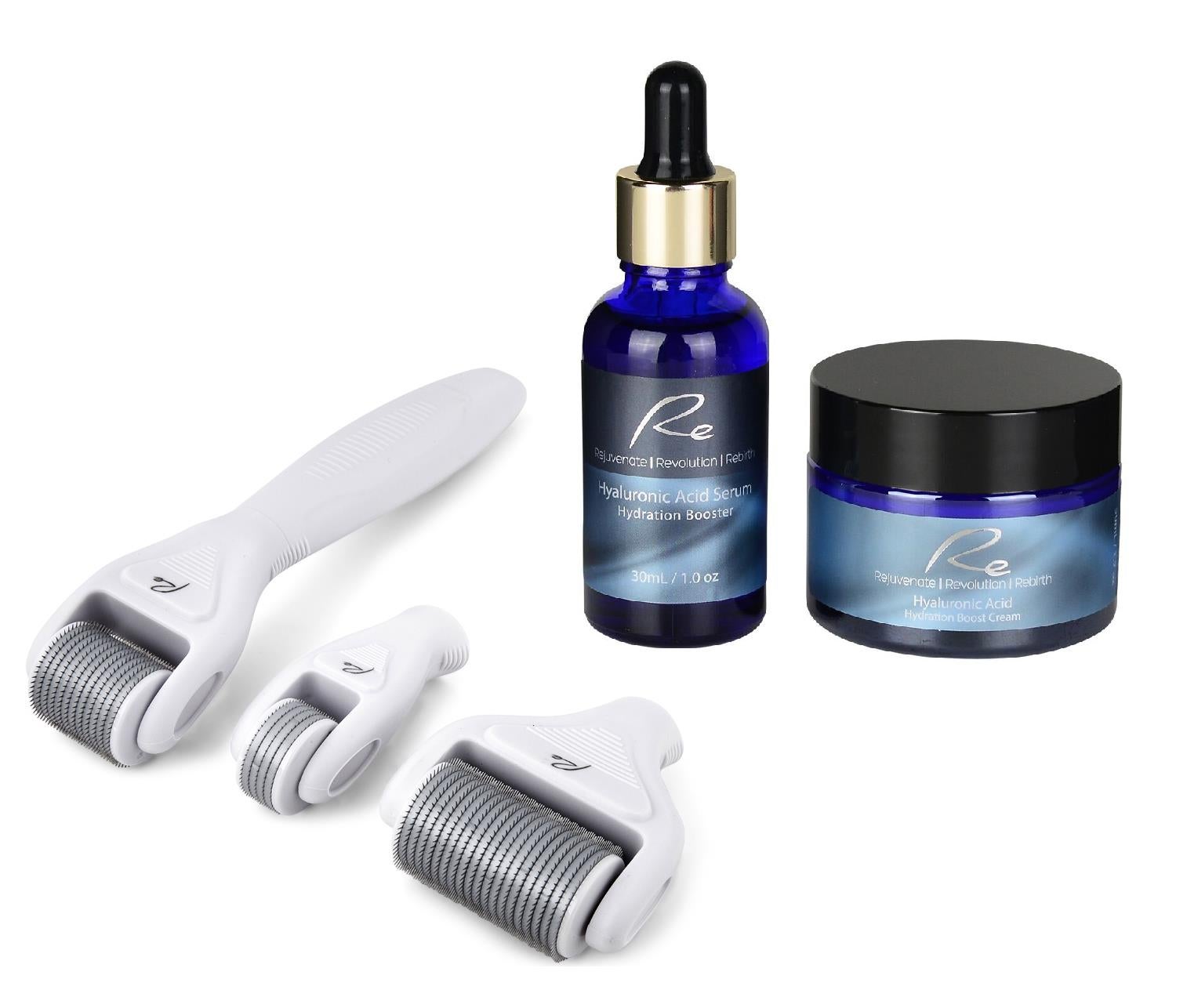 Re Derma Roller All In One Set + Hyaluronic Acid Hydration Boost Face Serum (30mL) + Cream (50mL)