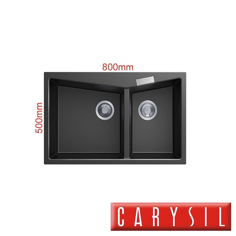 Carysil CGDB Granite Kitchen Sink - 800 x 500mm 1 + 3/4 Bowl - Deep Black - Top/Under Mount