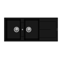 CARYSIL Enigma D200 Granite Kitchen Sink - 1160 x 500mm Double Bowl with Drainer - Deep Black - Top/Under Mount
