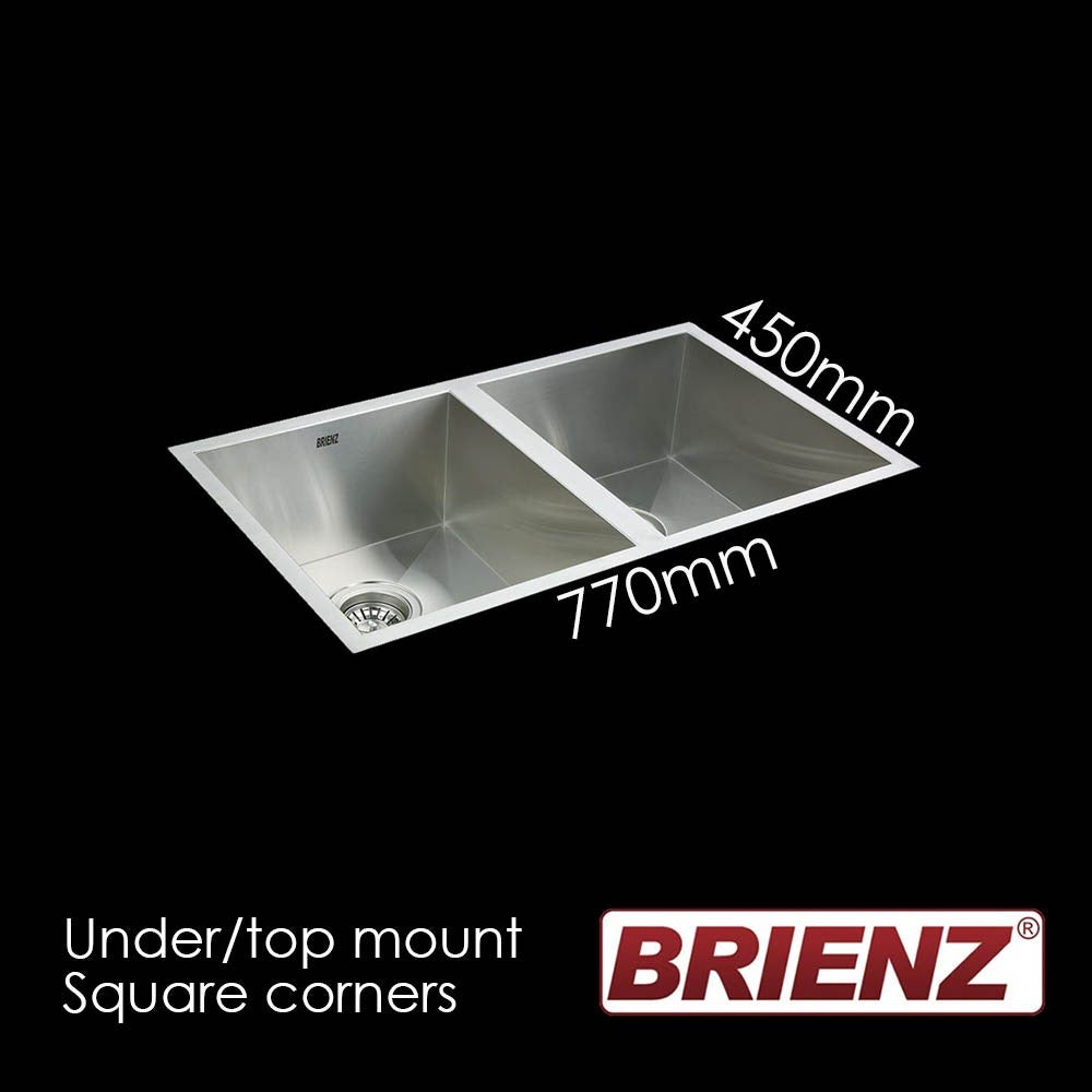 Stainless Steel Kitchen Sink - 770mm Double Bowl Square Corners - Under/Top Mount