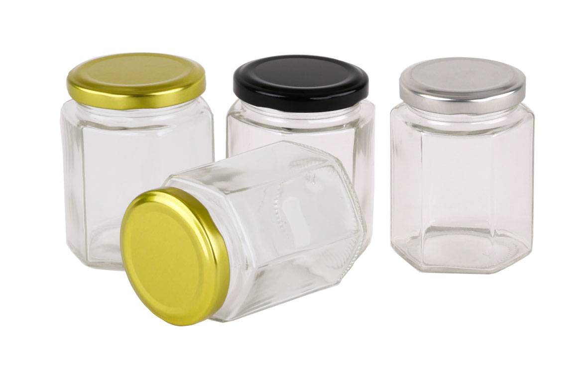 Glass Jars Hexagonal - 120 pcs with with Metal Lids 180ml