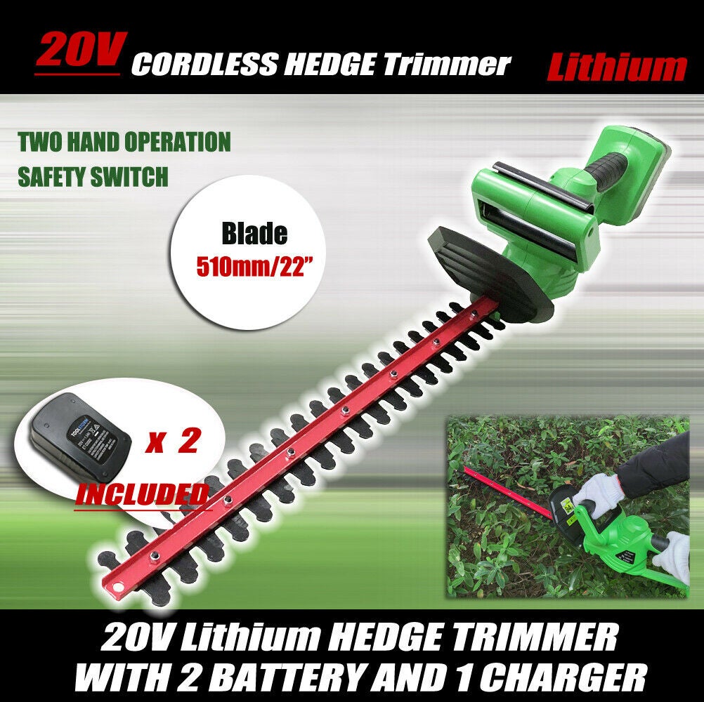 20V Cordless Hedge Trimmer Lithium-Ion Electric Garden Tool 22"/510MM,W/2Battery