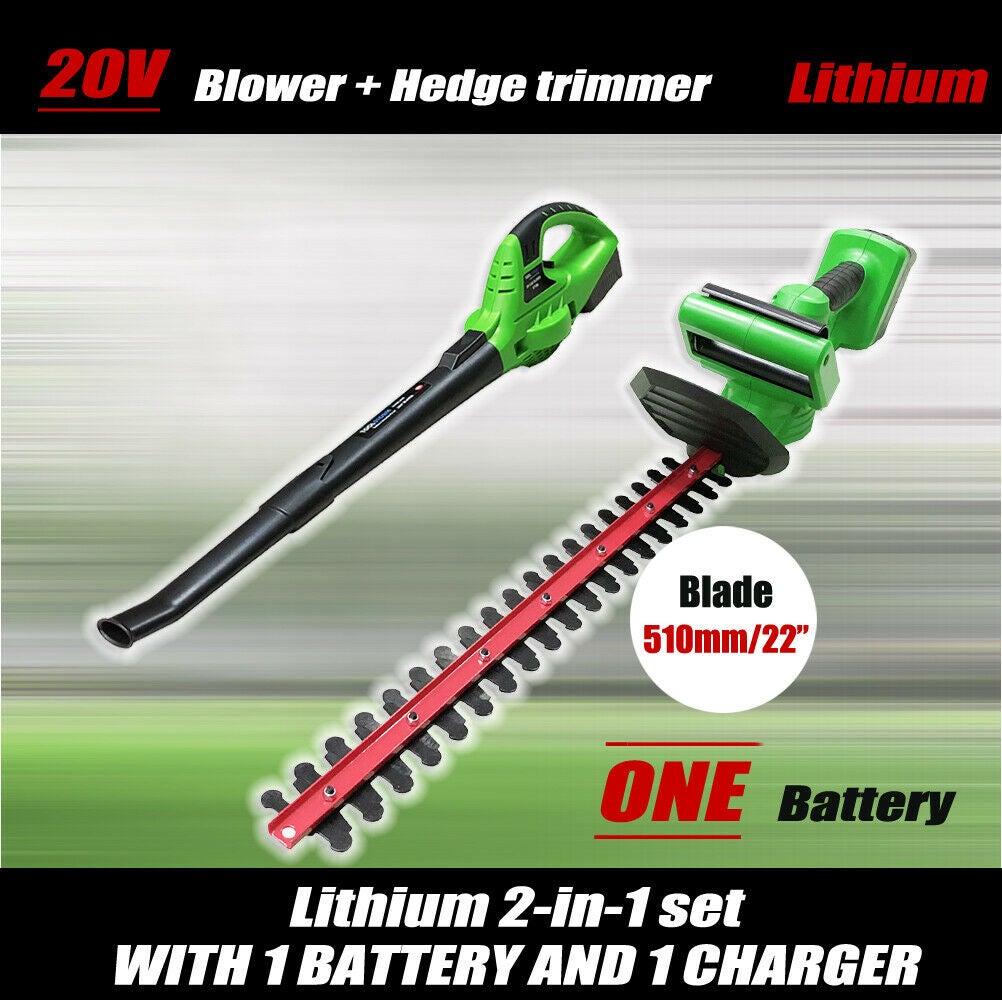 20V Lithium ion Cordless Leaf Blower + Hedge Trimmer 2 Pieces Garden Tool Set