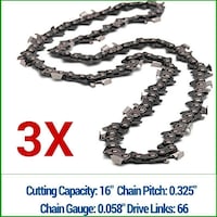 3x Chainsaw Chains for 16in Bar 0.058 Gauge 66DL