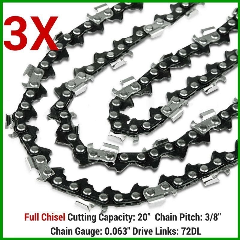3x Full Chisel Chainsaw Chains 20in Bar.063in 72DL