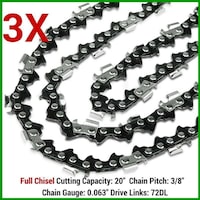 3x Full Chisel Chainsaw Chains 20in Bar.063in 72DL