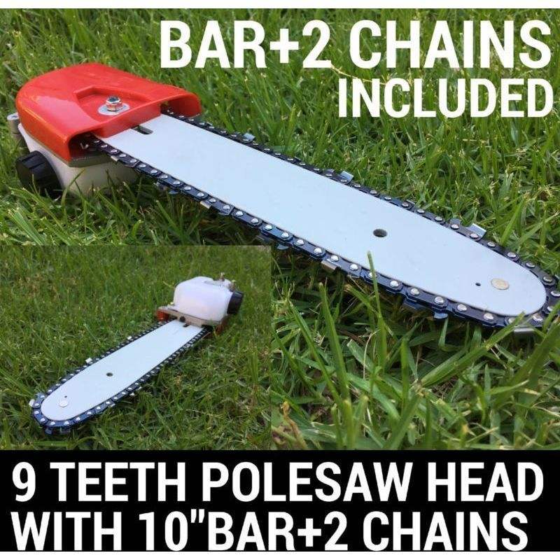 9 Teeth Polesaw Head with 10in Bar and 2 Chain Saws