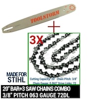 3x Chainsaw Chains with 20in Bar 0.063in Gauge 72DL