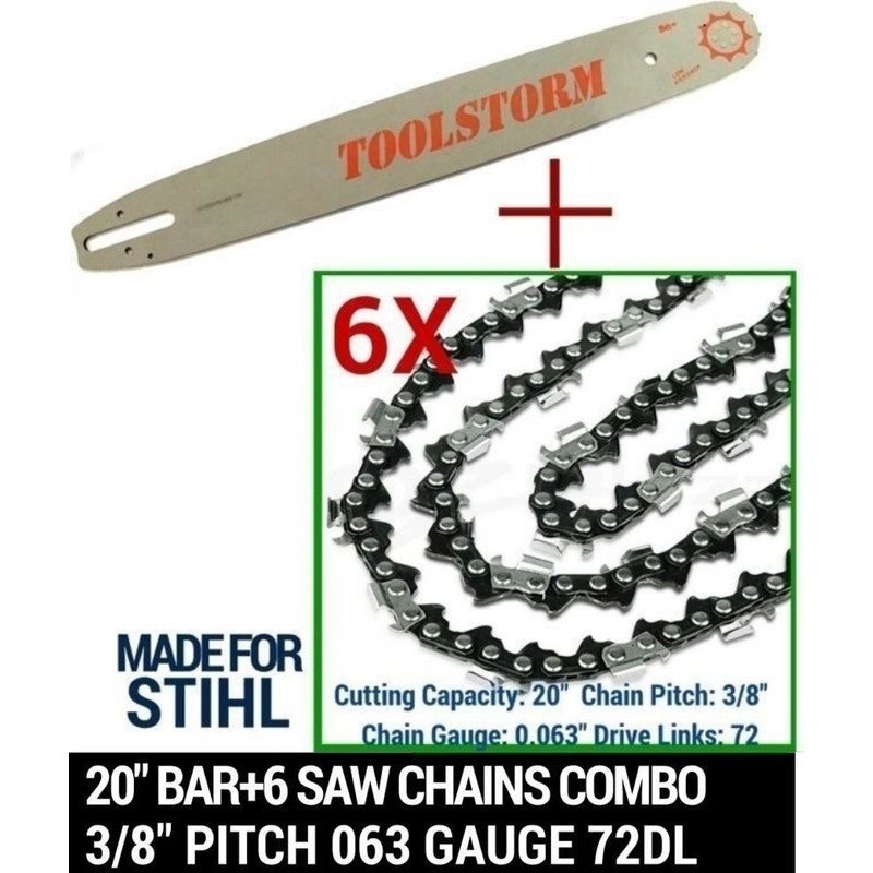 6x Chainsaw Chains with 20in Bar 0.063in Gauge 72DL
