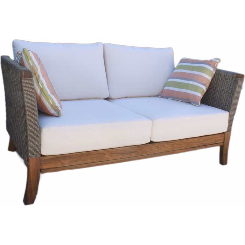 Outdoor 2 Seat Wicker & Wood Sofa Lounge with Cushions