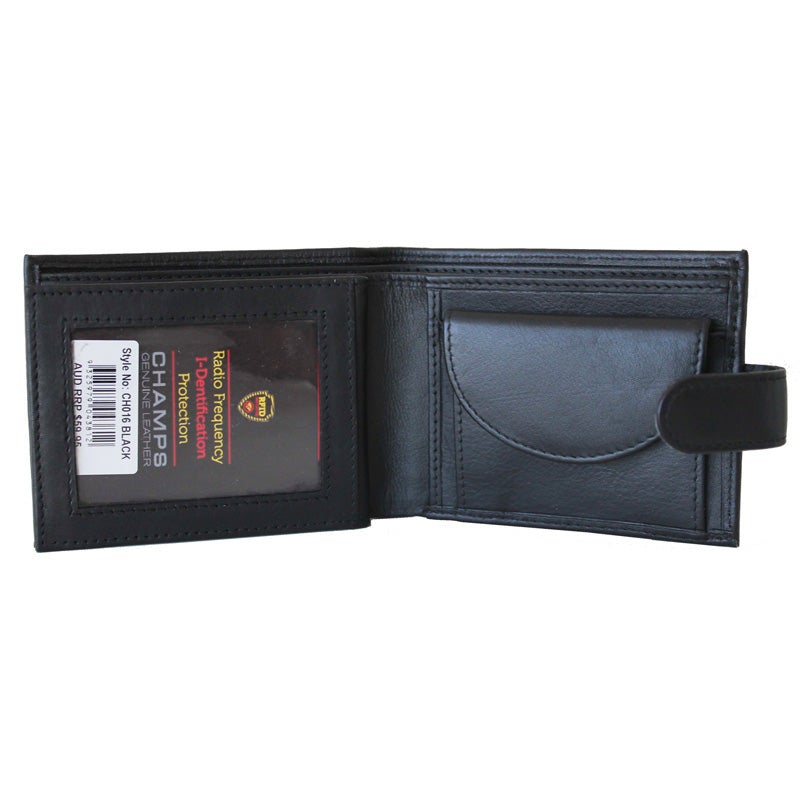 Champs - Coin, Flap plus Tab RFID Protected Leather Wallet CH016 - Black