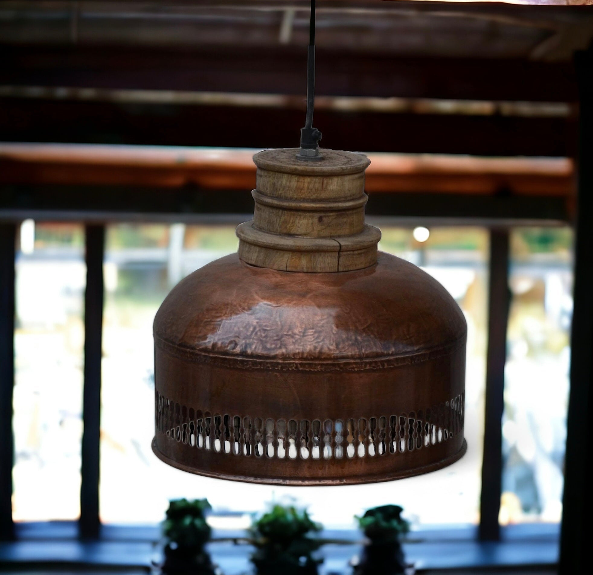 Copper And Wood Railing Lampshade