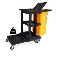 TCS Extra Large Black JANITOR TROLLEY CLEANING CART W/ LID - COMMERCIAL GRADE