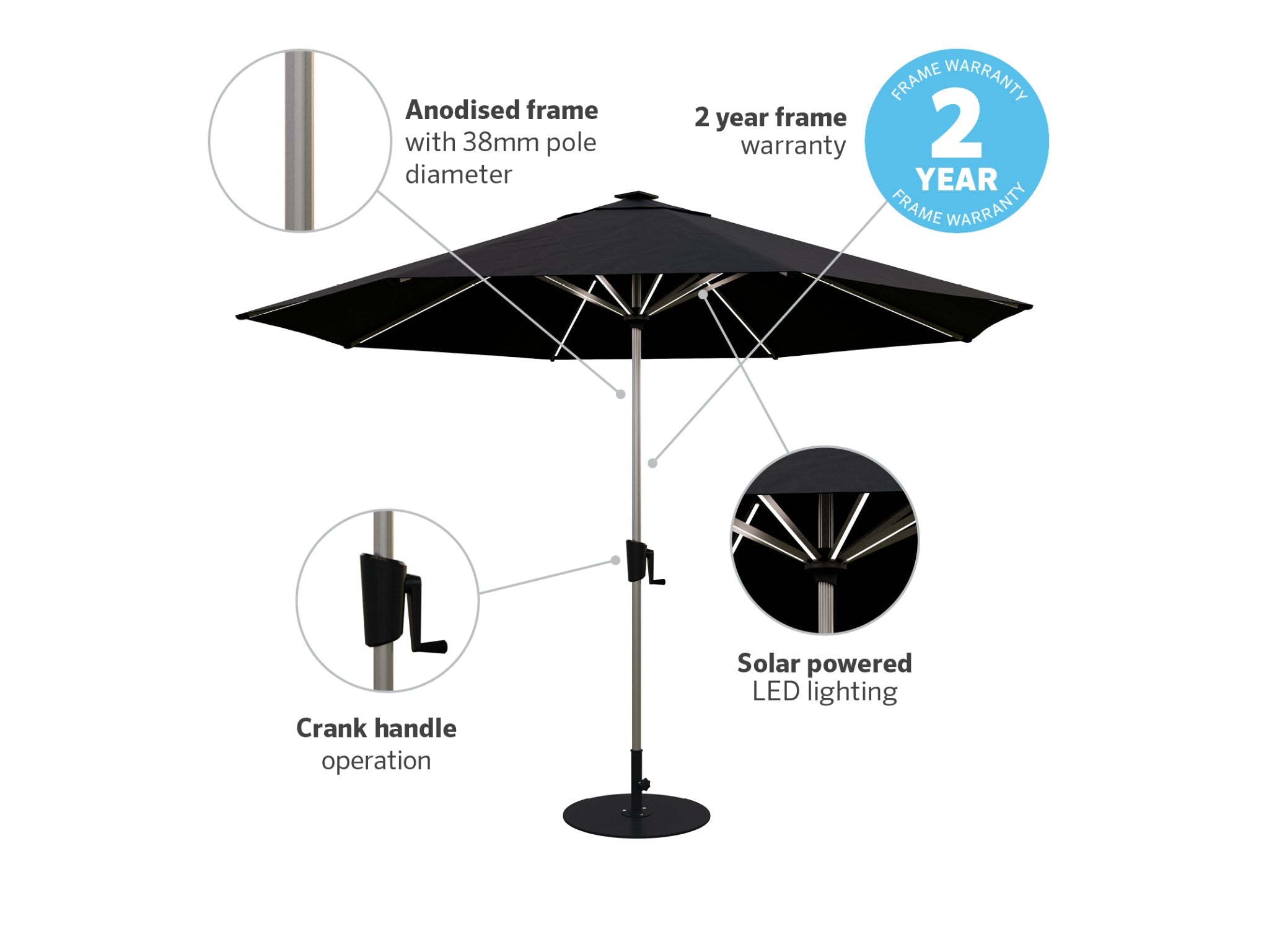 Coolaroo Bondi 3m Round LED Market Umbrella — Black | Buy Outdoor ...