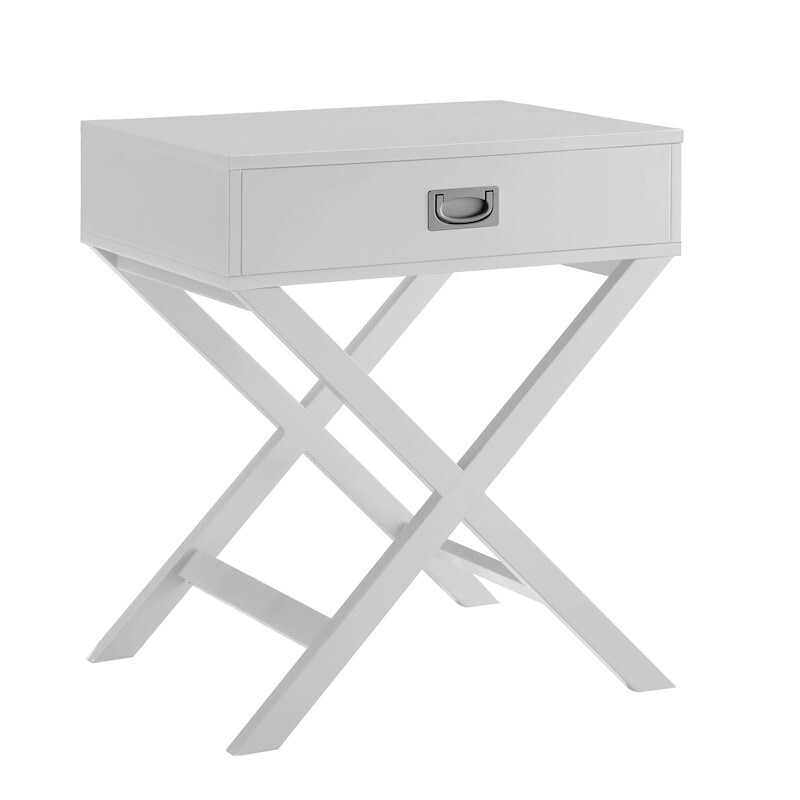 white cross legged bedside table