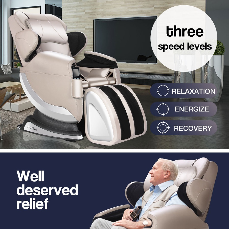 FORTIA Zero Gravity Recline Full-Body Massage Chair, with Back and Foot Rollers, Squeezing Air Pressure for Arms, Legs, plus Heat and Vibration functions, Cream