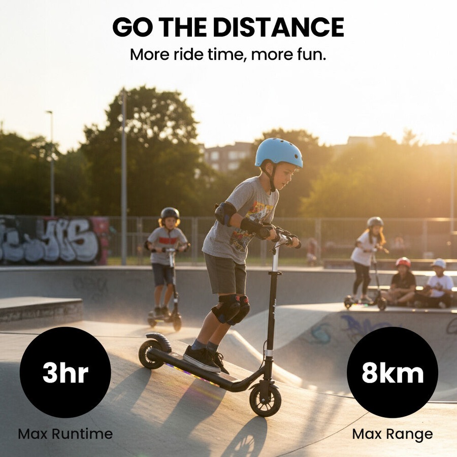 Alpha Edge Electric Scooter Kids/Teens 16km/h Max, Adjustable Height, UL Certified, AU Compliant, Dual Brakes, Bluetooth Music, LED, Black