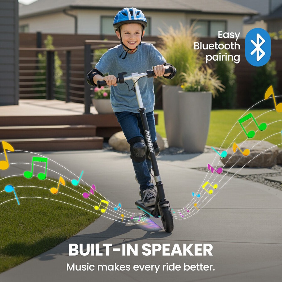 Alpha Edge Electric Scooter Kids/Teens 16km/h Max, Adjustable Height, UL Certified, AU Compliant, Dual Brakes, Bluetooth Music, LED, Black
