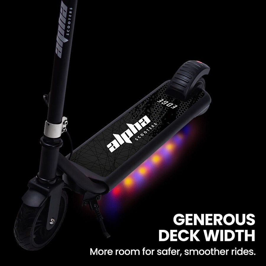 Alpha Edge Electric Scooter Kids/Teens 16km/h Max, Adjustable Height, UL Certified, AU Compliant, Dual Brakes, Bluetooth Music, LED, Black
