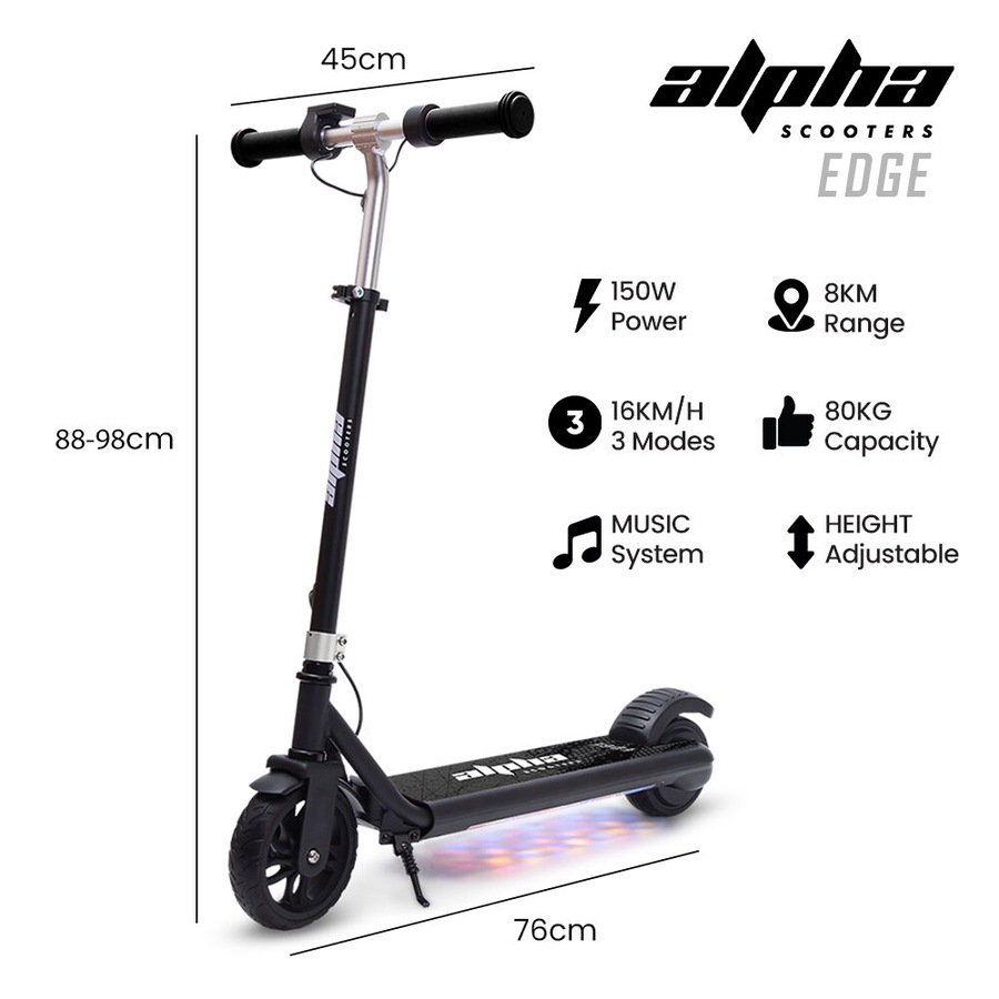 Alpha Edge Electric Scooter Kids/Teens 16km/h Max, Adjustable Height, UL Certified, AU Compliant, Dual Brakes, Bluetooth Music, LED, Black