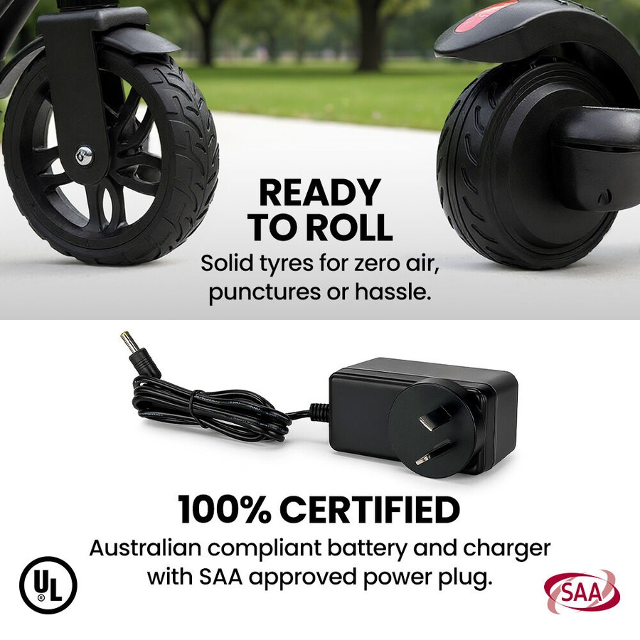 Alpha Edge Electric Scooter Kids/Teens 16km/h Max, Adjustable Height, UL Certified, AU Compliant, Dual Brakes, Bluetooth Music, LED, Black