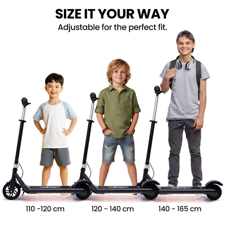 Alpha Edge Electric Scooter Kids/Teens 16km/h Max, Adjustable Height, UL Certified, AU Compliant, Dual Brakes, Bluetooth Music, LED, Black