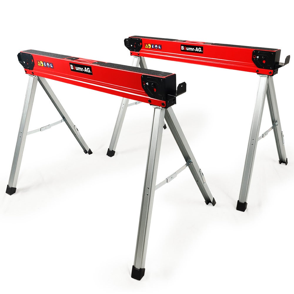 Baumr-AG 2 x Steel Saw Horse, 1000kg Capacity Folding Adjustable Sawhorses, 2x4 Support Arms