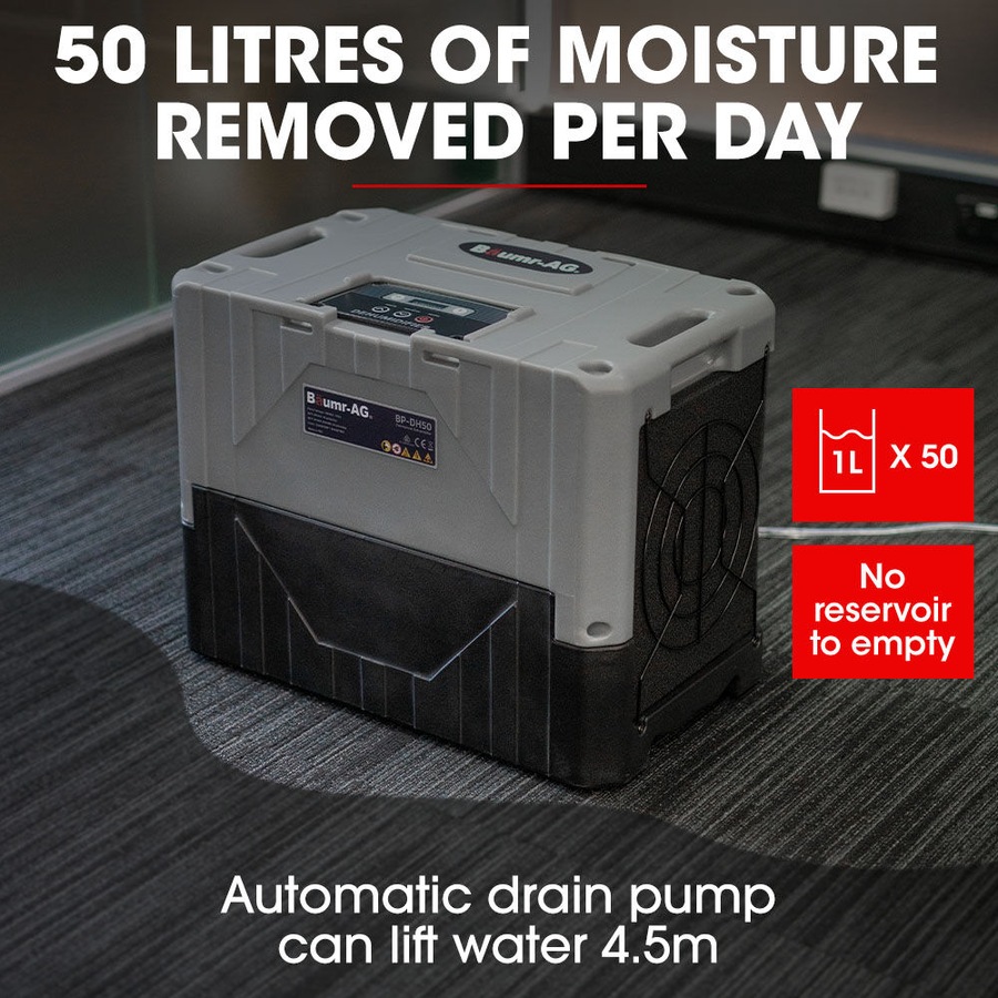 Baumr-AG 50L/day Commercial Industrial LGR Air Dehumidifier for Mould, Portable, Stackable, LCD Display, Wheels